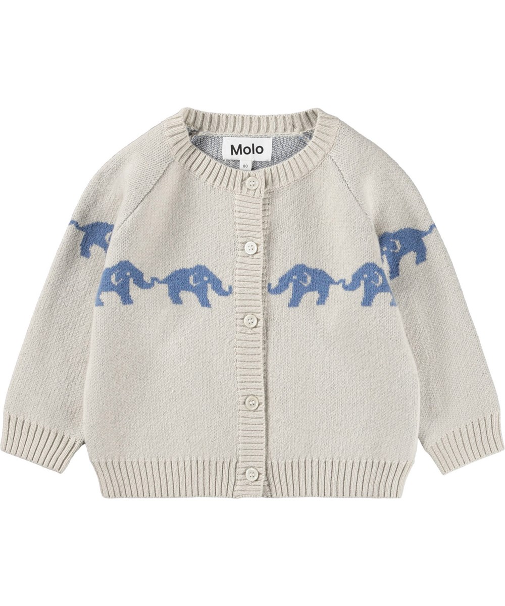 Bobi - Blue Elephants - Off- white knit cardigan for the little ones made of a soft cotton and wool blend with a border of blue elephants.
