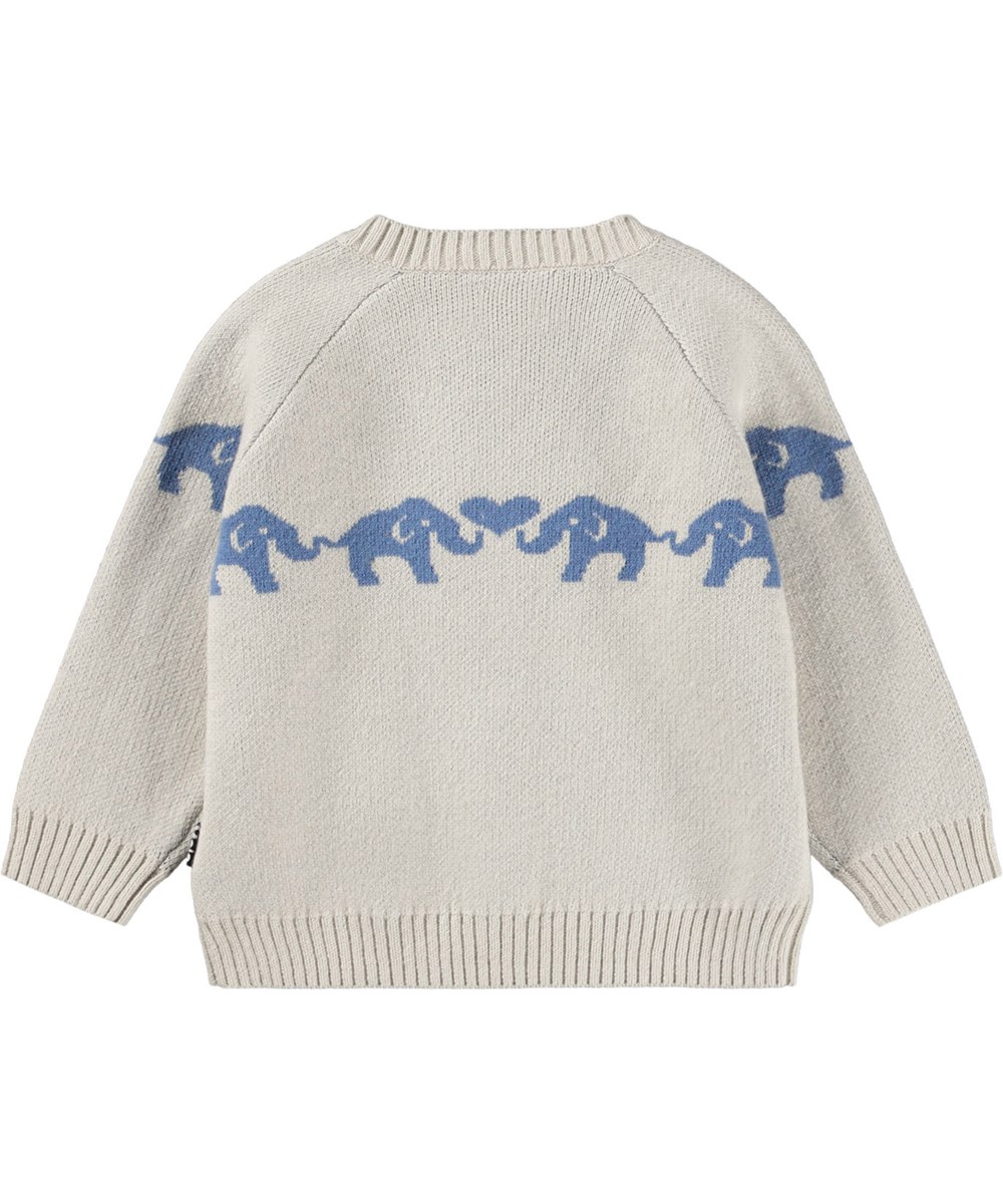 Bobi - Blue Elephants - Off- white knit cardigan for the little ones made of a soft cotton and wool blend with a border of blue elephants.