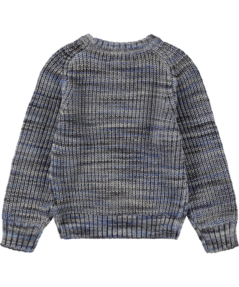 Bosse - Space Dye Blues - Gebreide kindertrui gemaakt van een wolmix in vele kleuren blauwtinten.