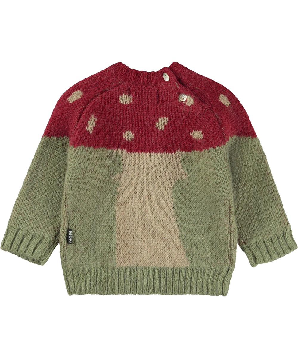 Breen - Mushroom - Green and red baby knit jumper with mushroom motif in alpaca wool