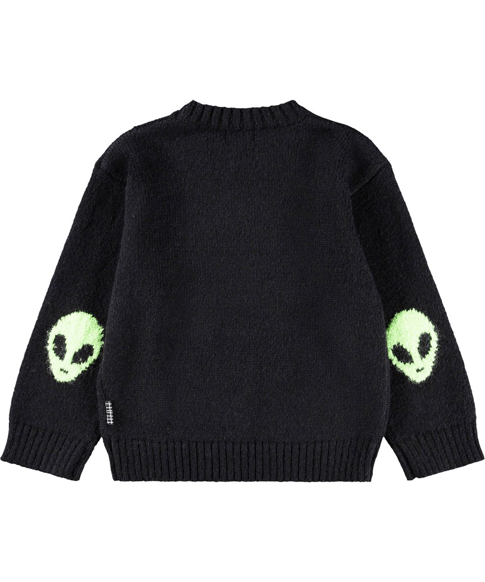 Brian - Black - Zwarte kindertrui gemaakt van een alpacawolmix met een alien.