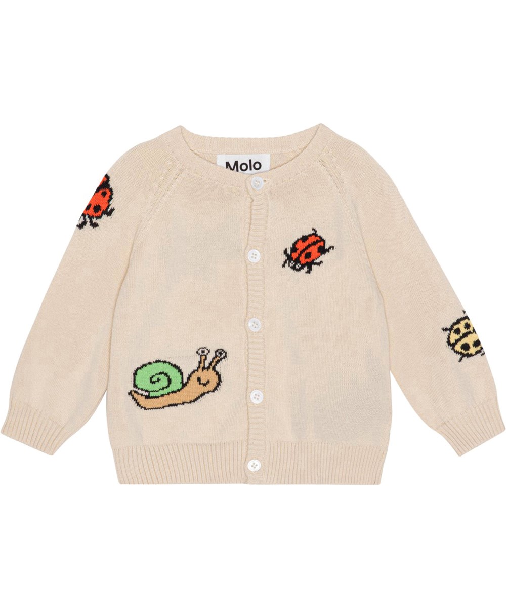 Brody - Crawlies - Sand coloured, knit cardigan for small children in soft, organic cotton with ladybugs and snails