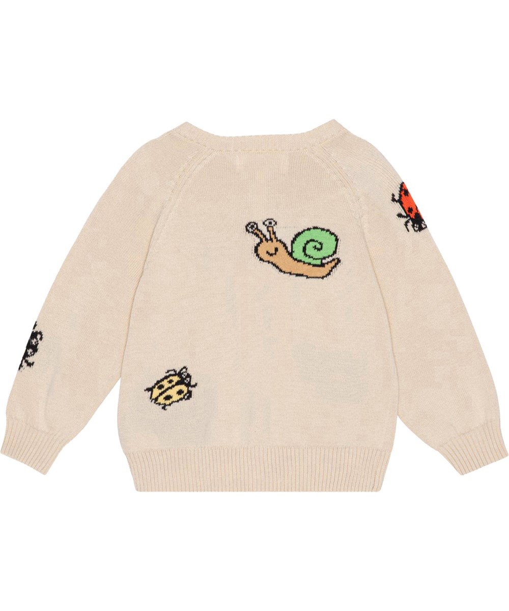 Brody - Crawlies - Sand coloured, knit cardigan for small children in soft, organic cotton with ladybugs and snails