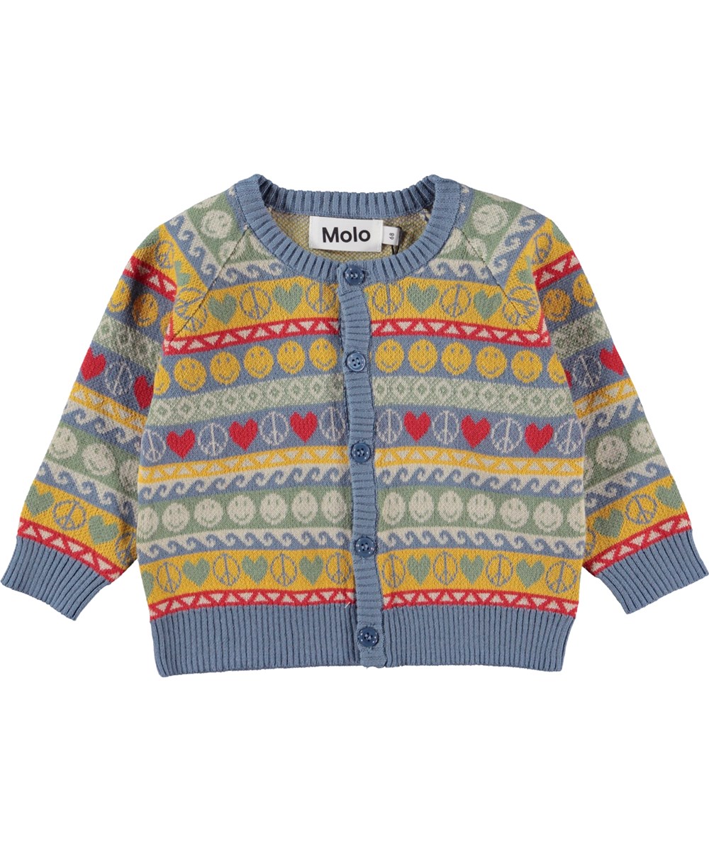 Brody - Happy Pattern - Baby knit cardigan with hearts, peace and smiley faces