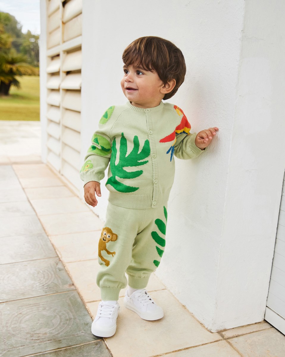 Brody - Jungle Life - Green jungle-themed cardigan for baby in soft organic cotton.