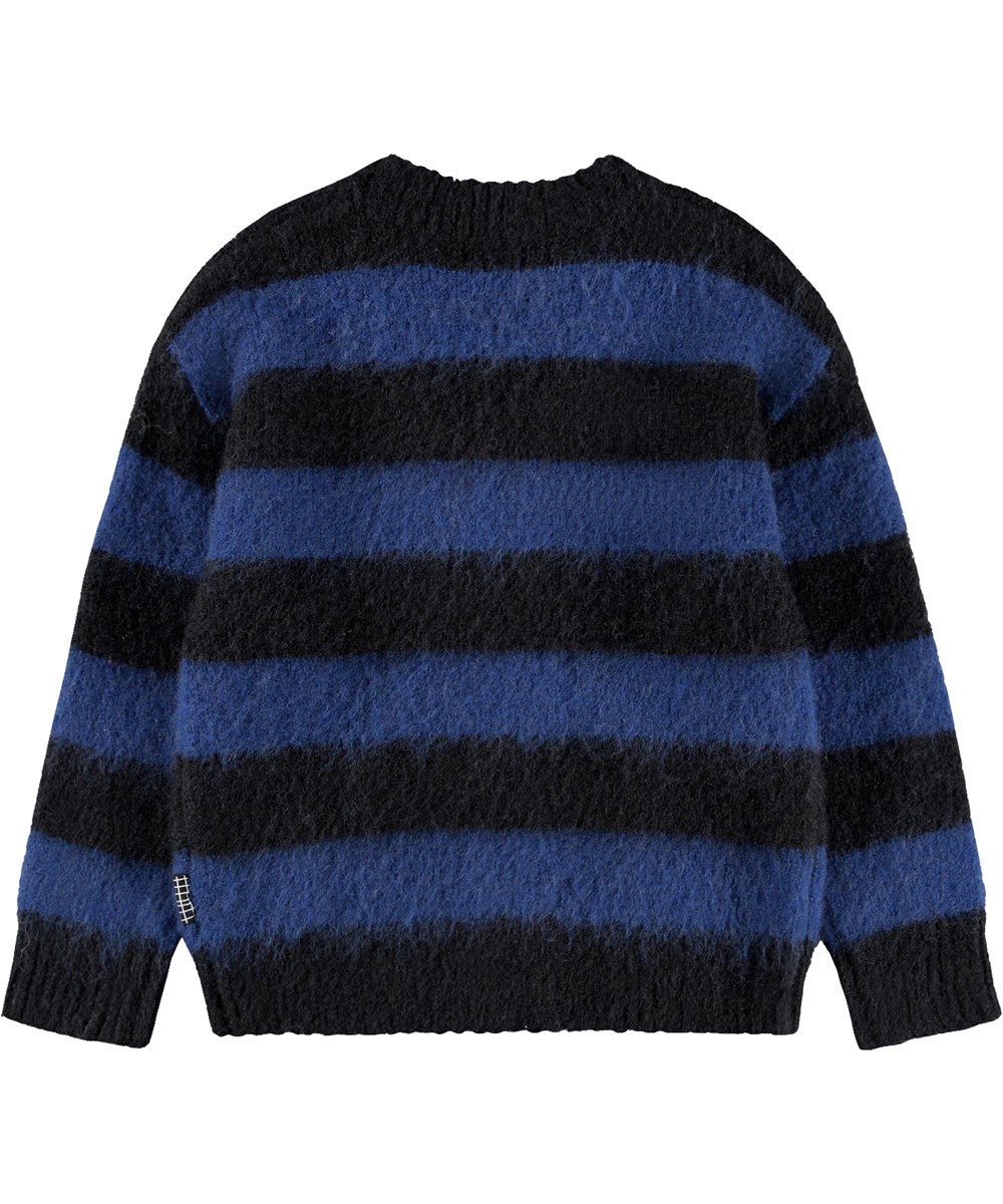 Brutus - Blue-Black Stripe - Fluffy zwart en blauw gestreepte kindervest gemaakt van een alpacawolmix.