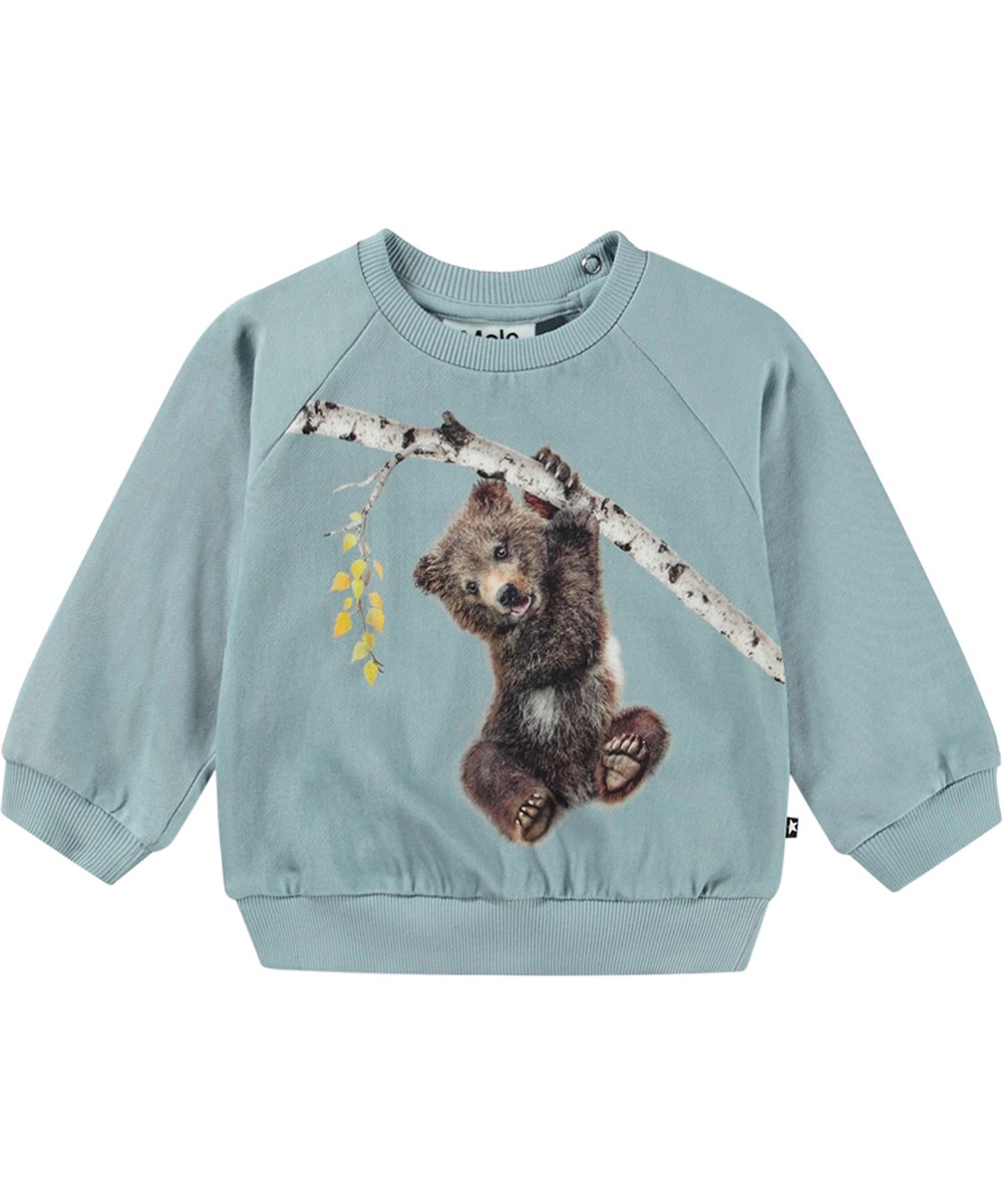 Disc - Birch Tree Bear - Light blue organic cotton sweatshirt with bear cub print.