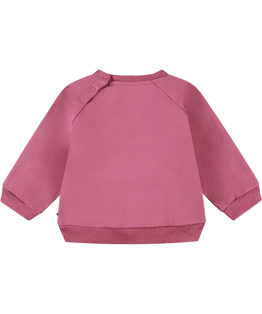 Disc - Dark Rose - Soft and warm Rosa sweatshirt in organic cotton jersey [colour] with raglan sleeves, rib cuffs, and a smile print.
