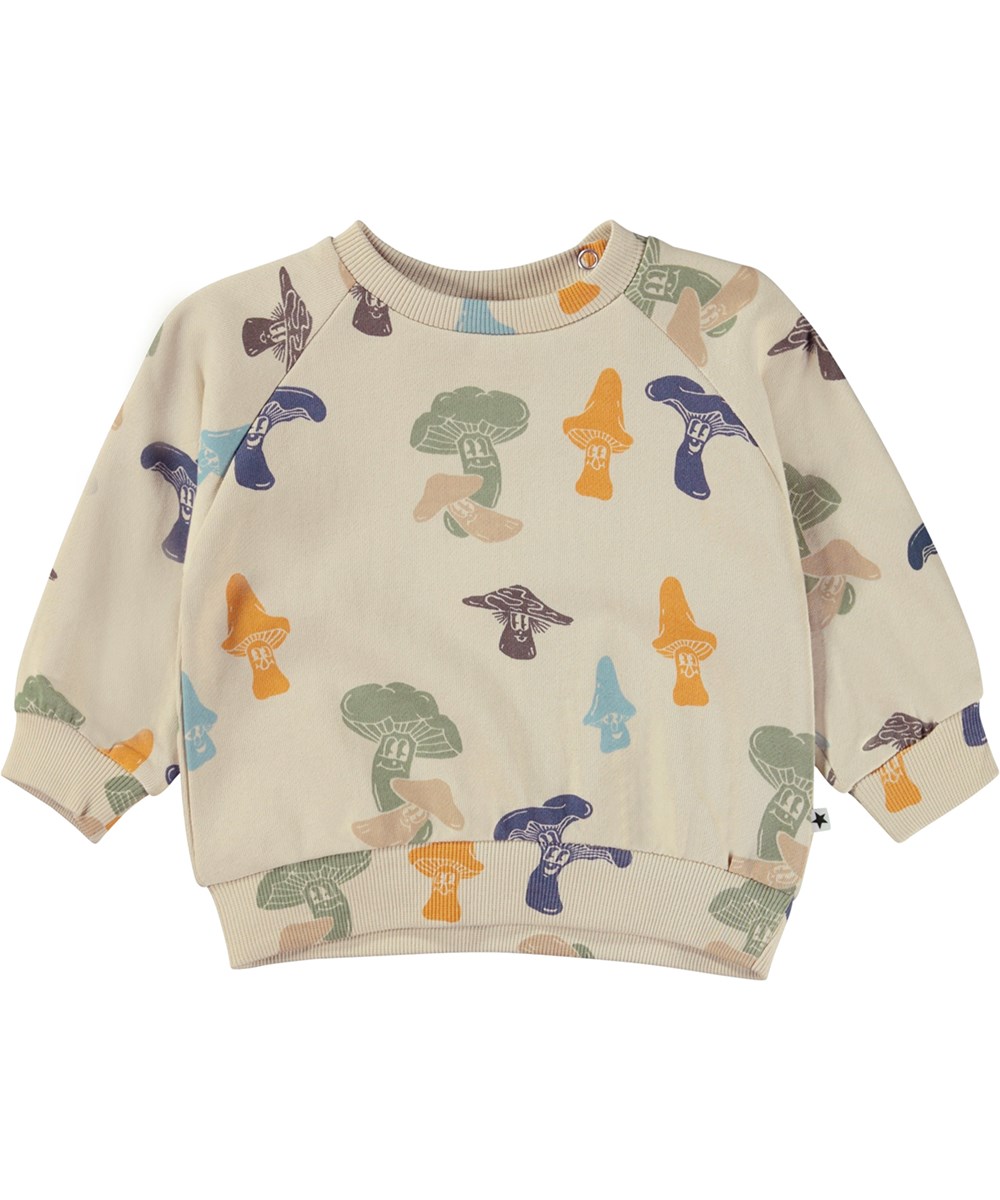 Disc - Fungi Fun - Off-white organic baby sweatshirt in cartoon mushroom print
