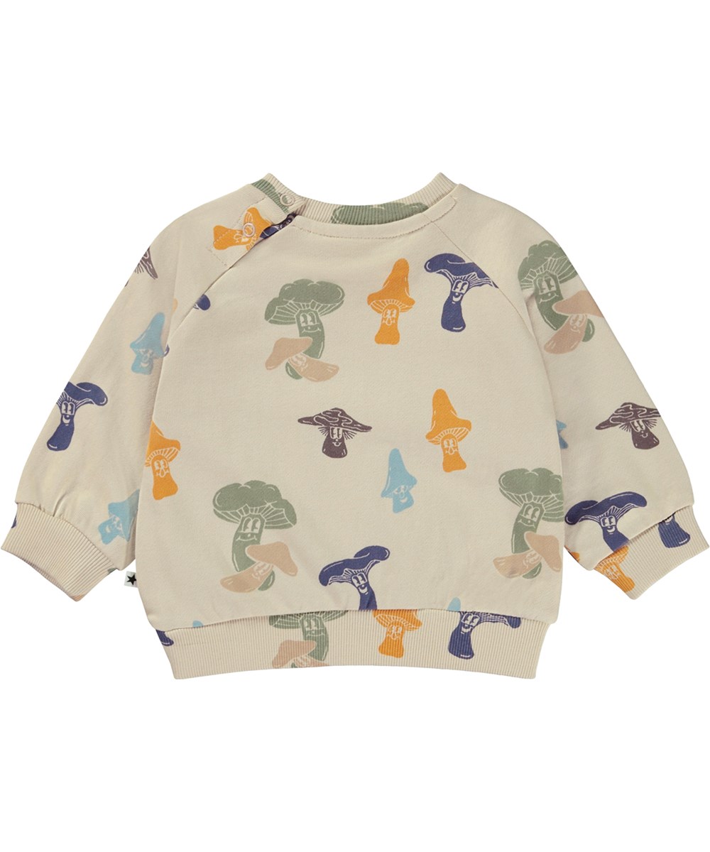 Disc - Fungi Fun - Off-white organic baby sweatshirt in cartoon mushroom print