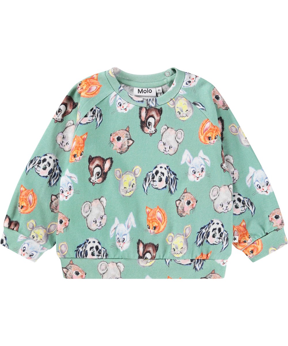 Disc - Itty Bitty - Green sweatshirt for the little ones made of soft organic cotton with a colorful print of old cartoon characters.