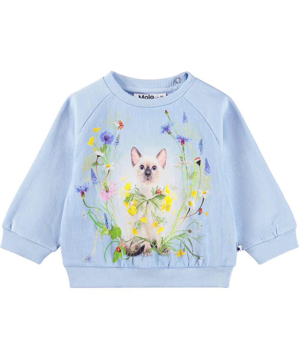Disc - Meadow Kitten - Soft, blue sweatshirt for the little ones made of organic cotton with a cat print 