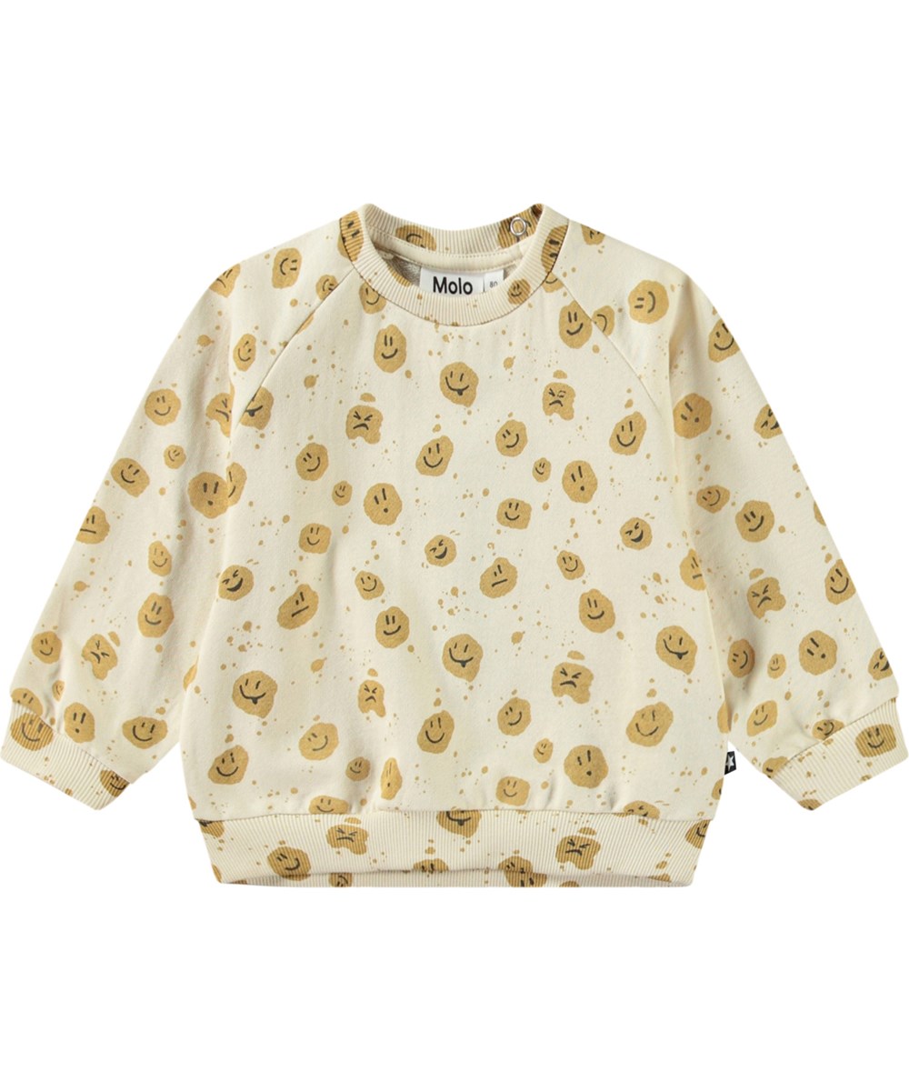 Disc - Mood Dots - Organic beige baby sweatshirt with face print.