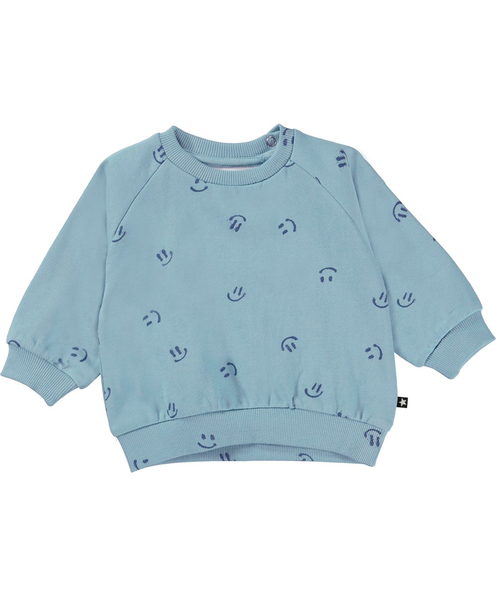 Disc - Simply Happy - Blue organic baby sweatshirt with smiley face print