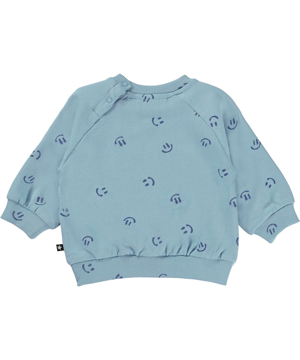 Disc - Simply Happy - Blue organic baby sweatshirt with smiley face print