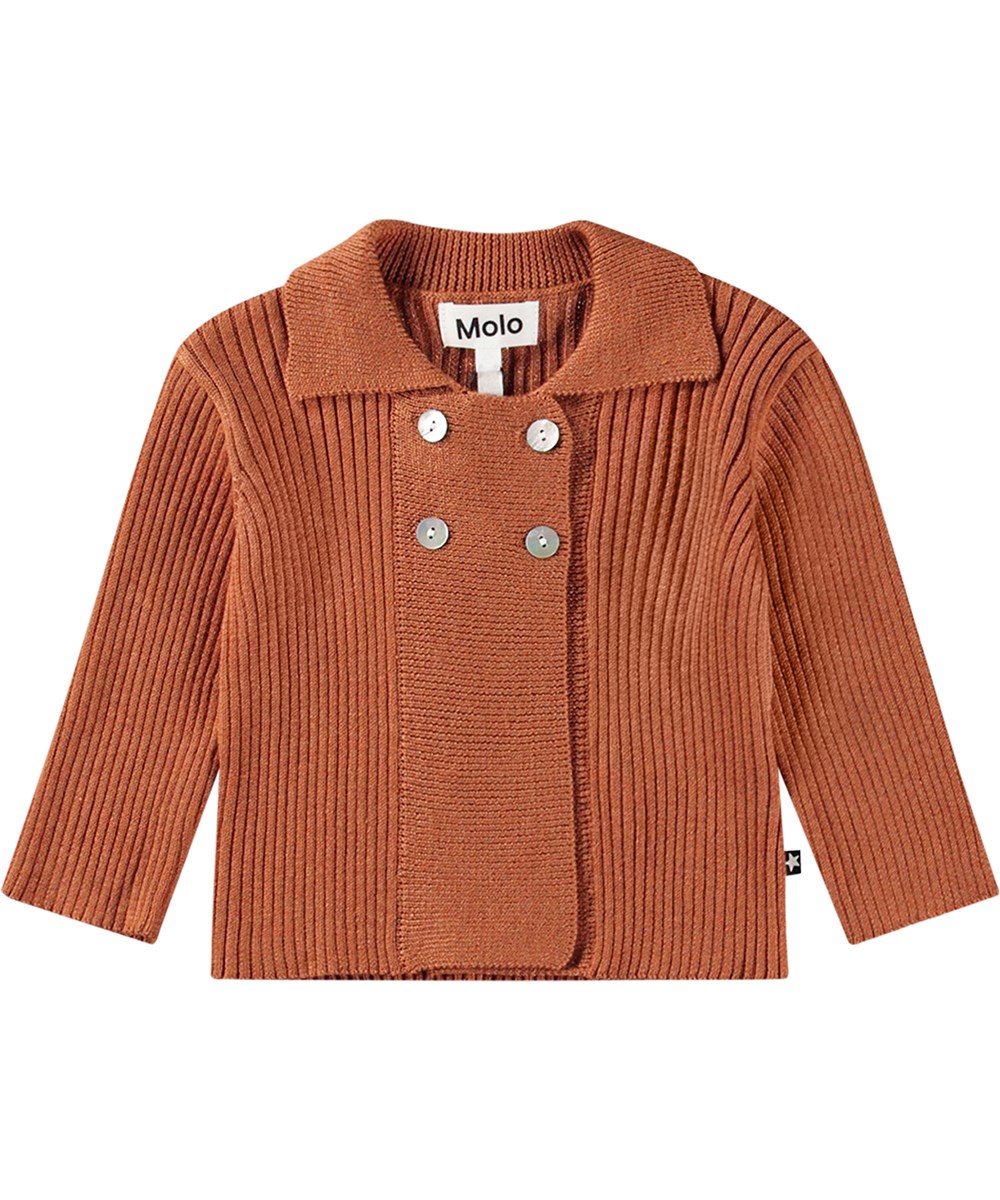 Gael - Brown Sugar - Brown knitted cotton/wool cardigan for kids with large collar.