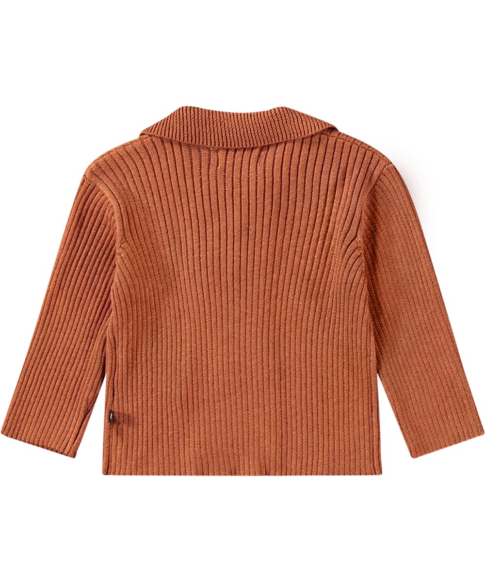 Gael - Brown Sugar - Brown knitted cotton/wool cardigan for kids with large collar.