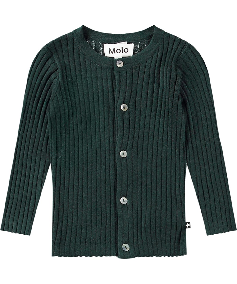 Georgette - Ponderosa Pine - Snug-fitting dark green knitted cardigan with delicate rib edge.