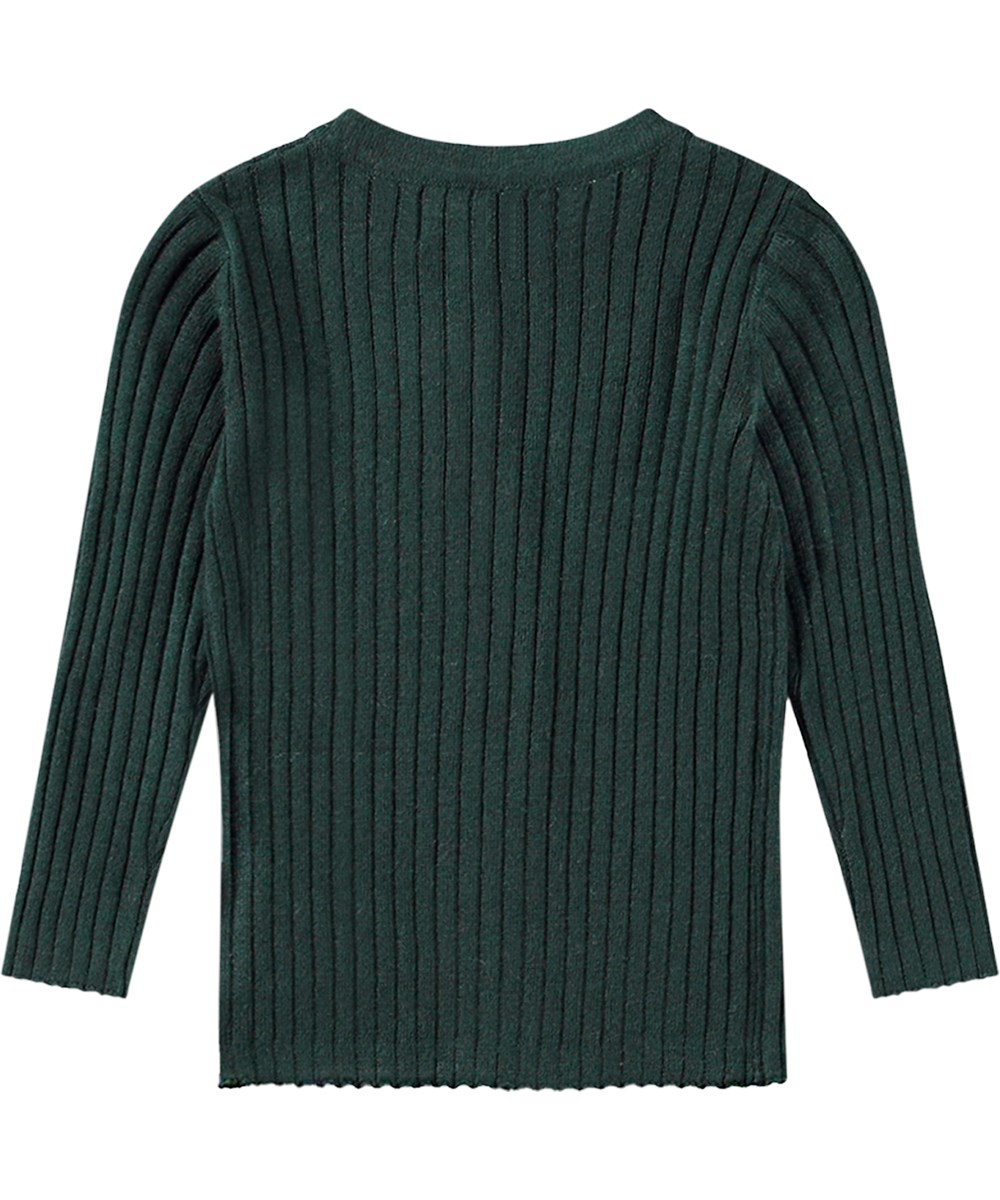 Georgette - Ponderosa Pine - Snug-fitting dark green knitted cardigan with delicate rib edge.