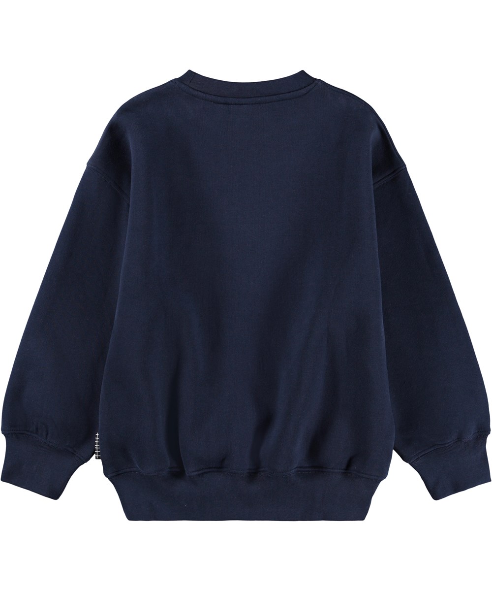 Mar - Drippy Galaxy - Dark blue sweatshirt for children made of soft organic cotton with a large print of a smiling face.