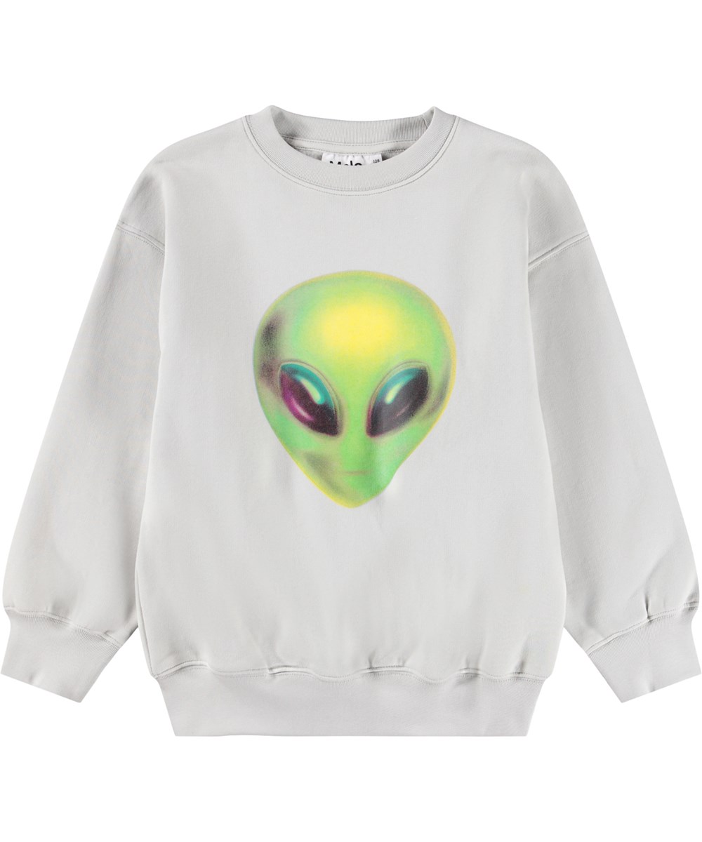 Mar - Moon - Grey sweatshirt for children made of soft organic cotton with a large print of an alien.