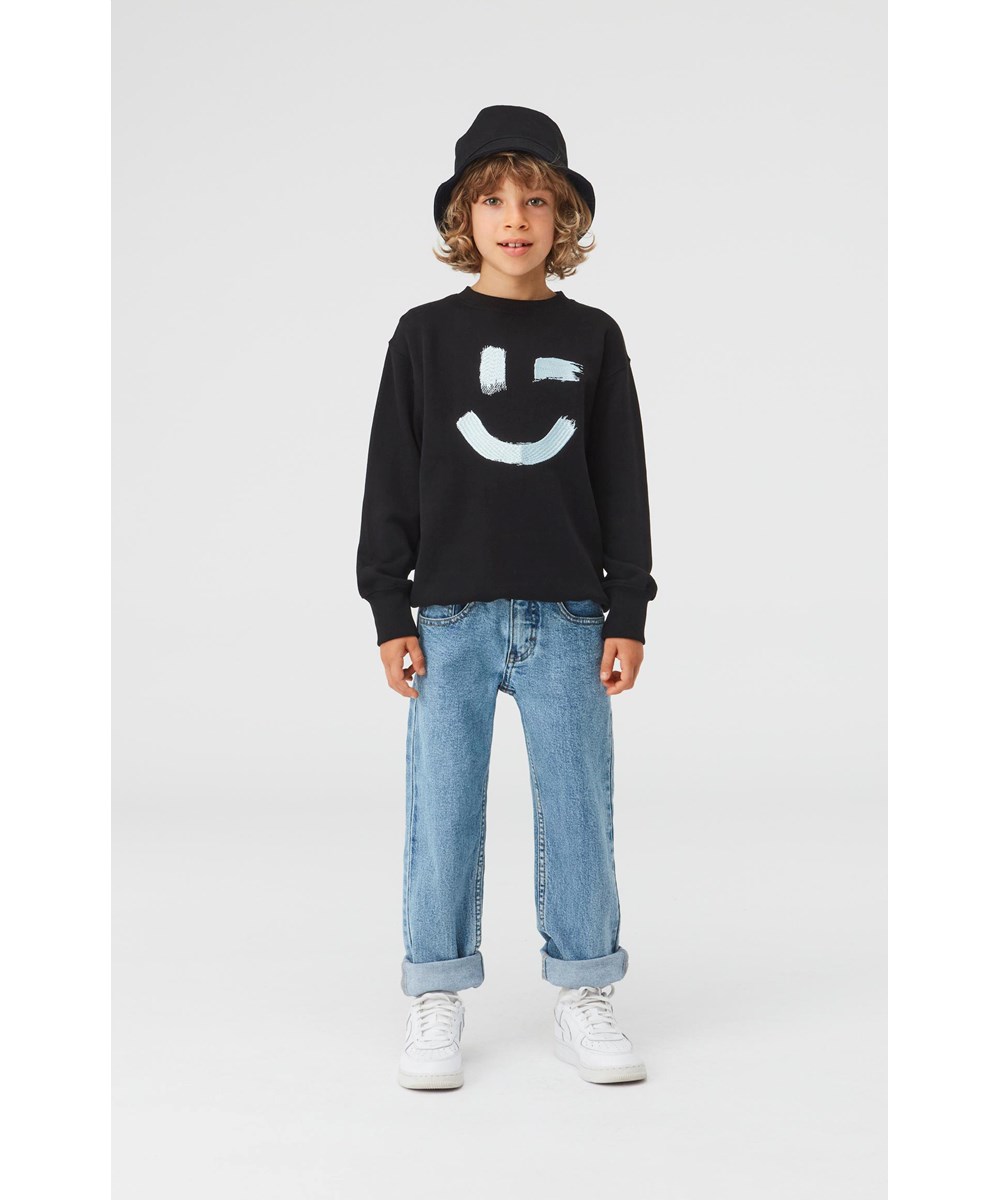 Mattis - Black - Black organic sweatshirt with smiley face