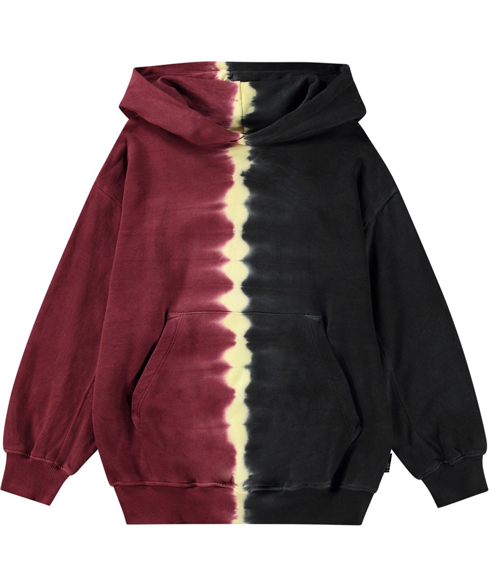 Maxx - Split Dye - Soft and warm tie-dye hoodie in black, bordeaux, and yellow.