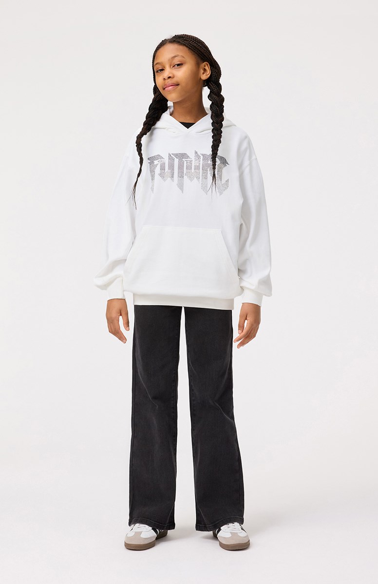 Maxx - White - White oversized hoodie for children in soft organic cotton with pouch pocket and ribbed edges.