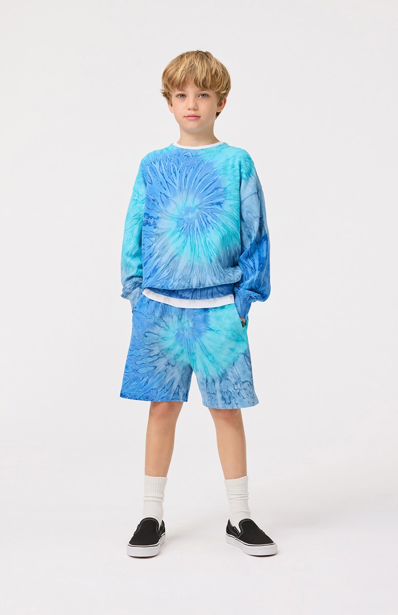 Memphis - Aqua Dye - Blue tie-dye sweatshirt for children in soft organic cotton with ribbed edges at the neck, sleeves, and bottom of the sweatshirt, as well as a loose fit.
