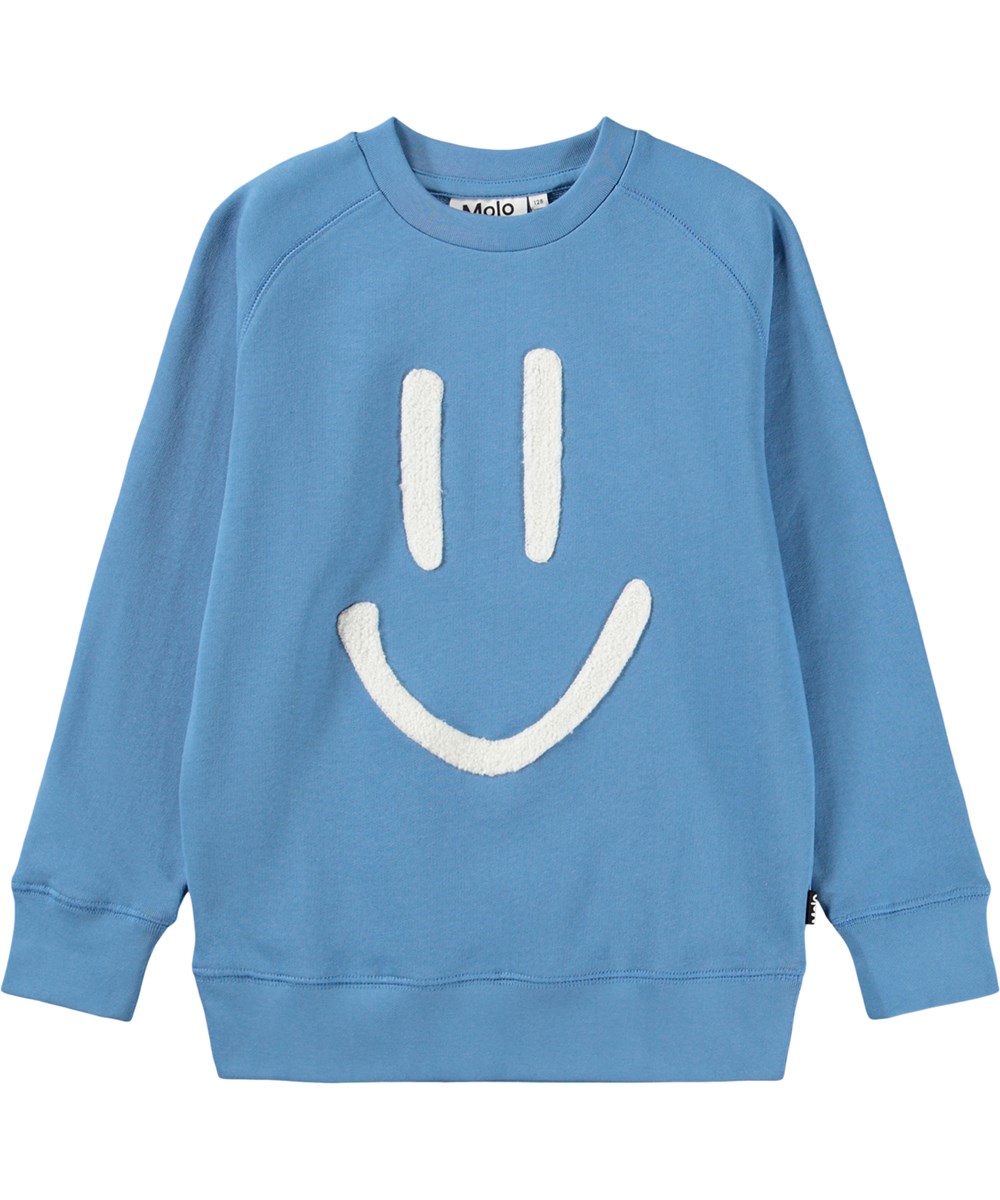 Mike - Blue Tide - Blue sweatshirt for children made of organic cotton with a smiling embroidery
