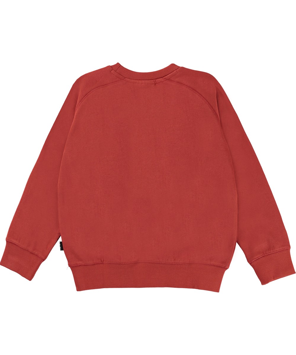 Mike - Red Ochre - Red organic sweatshirt with smiley face print