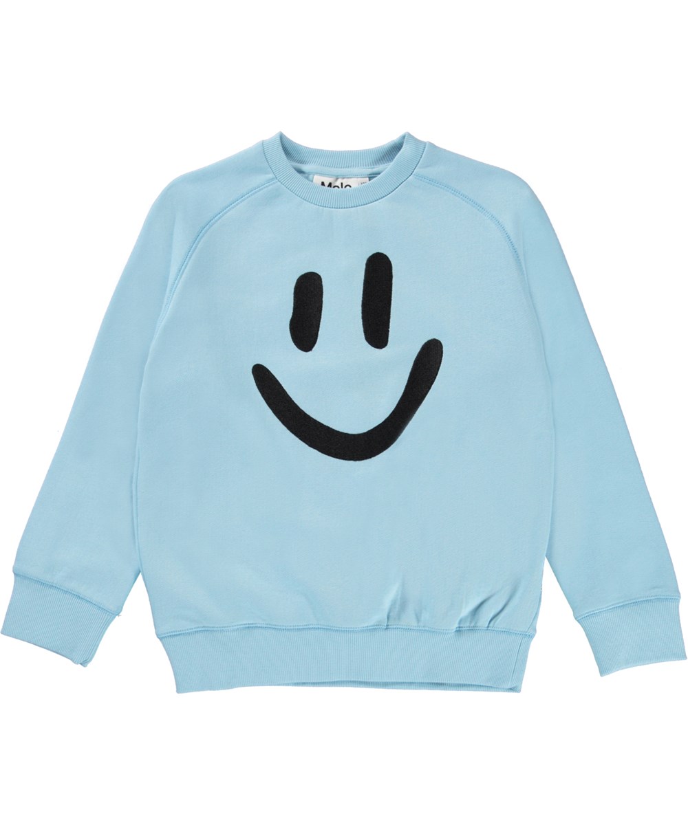 Mike - Sky Blue - Blue organic sweatshirt with smiley face print