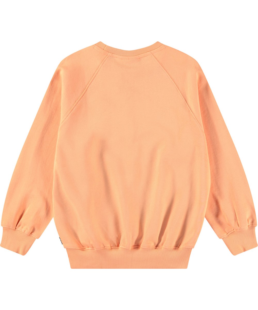 Mir - Cantaloupe - Orange sweatshirt with print for children in soft organic cotton with ribbed edges at the neck, sleeves, and bottom of the sweatshirt.