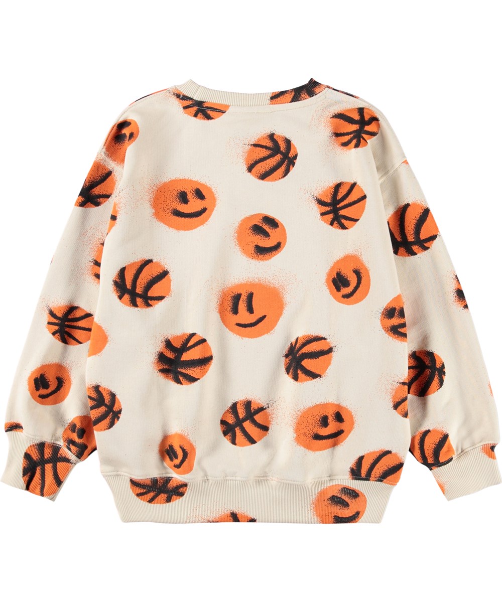 Monti - Basketballs - Beige sweatshirt for children made of organic cotton with a print of basketballs