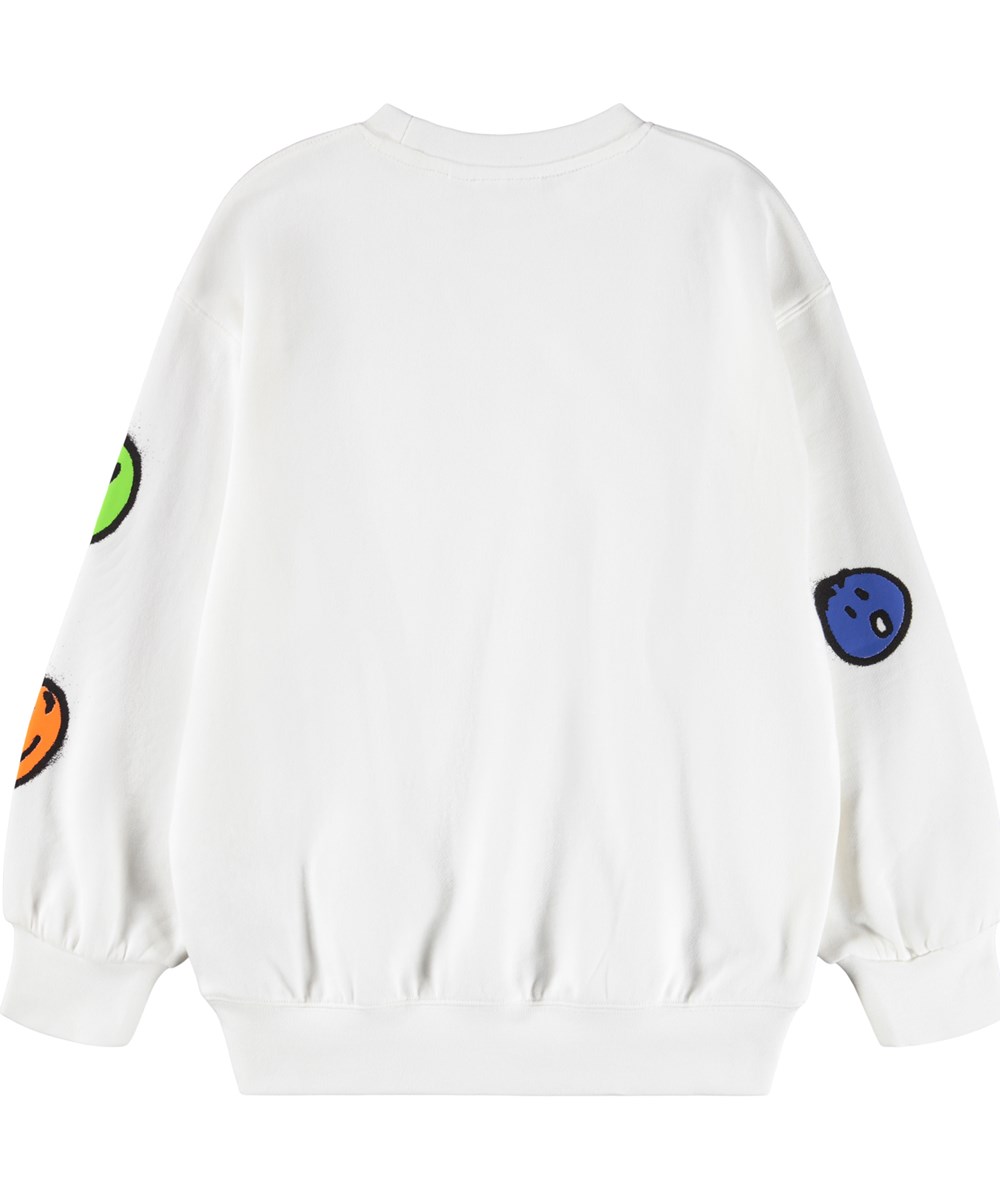 Monti - Crisp White - White sweatshirt for children made of soft organic cotton with colorful faces.