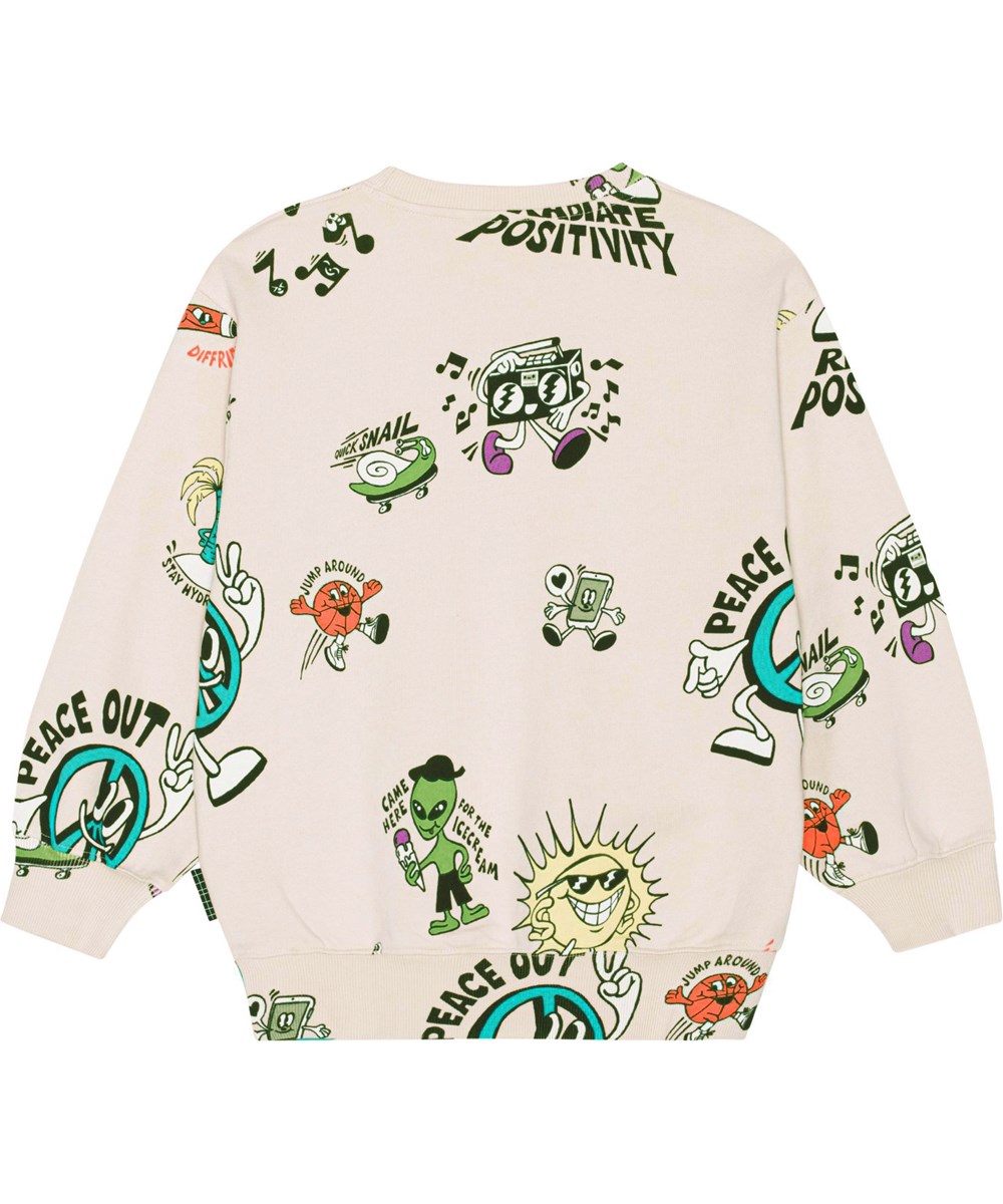 Monti - Diffriends - Sand coloured sweatshirt in soft, organic cotton with a print of cool cartoon figures 