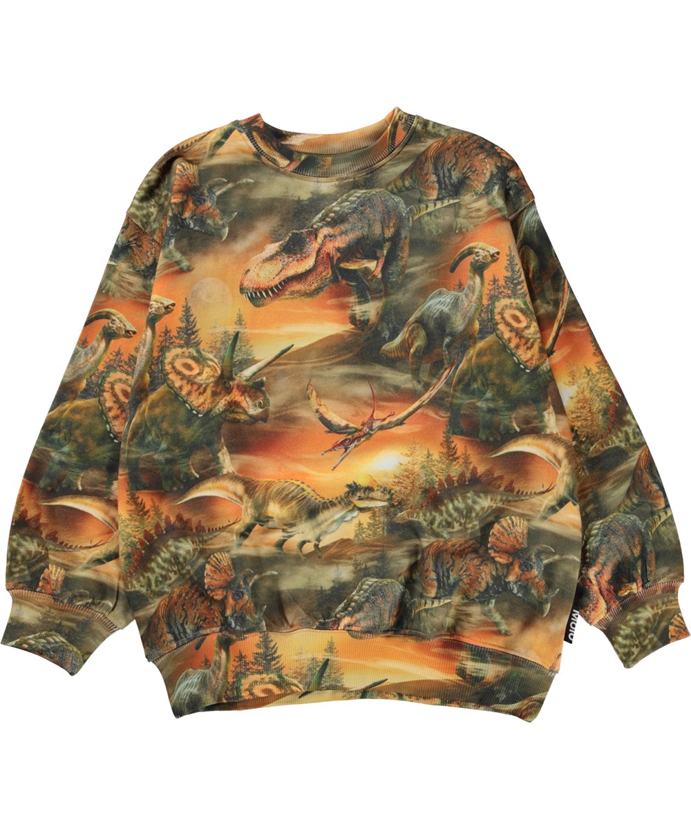 Monti - Dino Dusk - Green and orange organic sweatshirt with dinosaur print