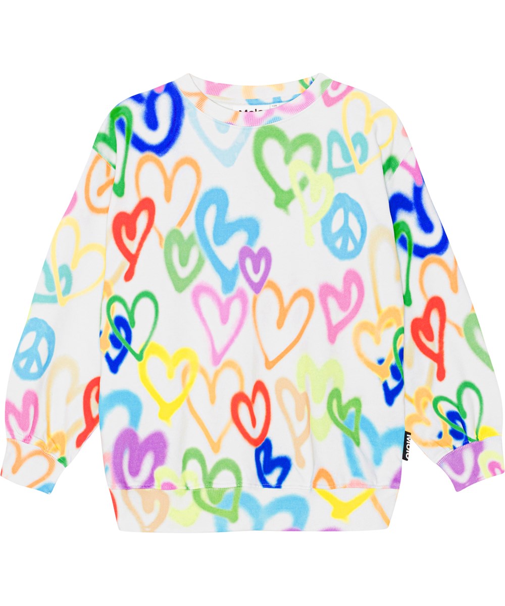 Monti - Variety Hearts - White sweatshirt in organic cotton with a multi-coloured, all over heart print