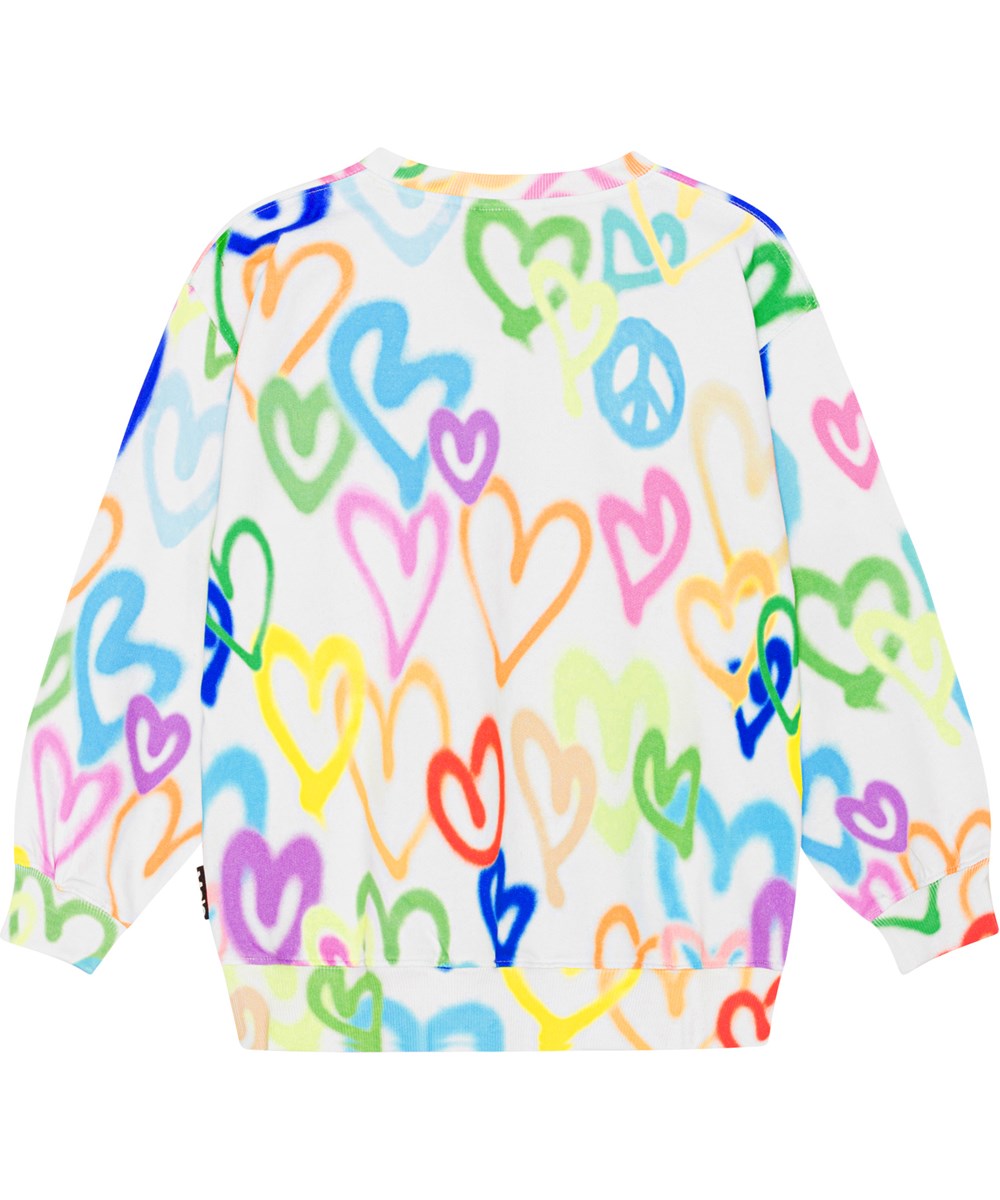 Monti - Variety Hearts - White sweatshirt in organic cotton with a multi-coloured, all over heart print