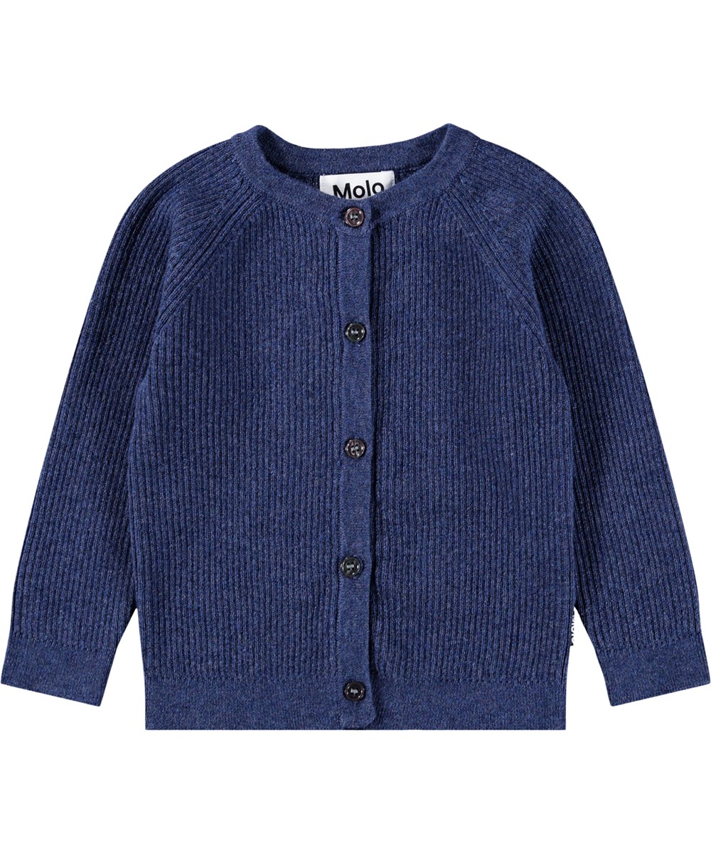 Basta - Evening Sky - Dunkelblauer Strick-Cardigan für die Kleinen aus einer weichen Baumwoll- und Wollmischung mit einem lächelnden Gesicht auf der Rückseite.