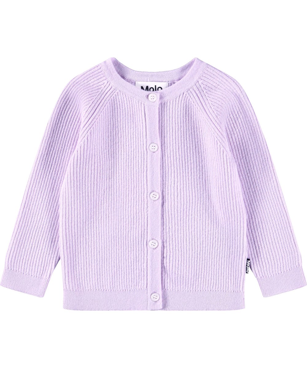 Basta - Purple Smile - Lila gestrickte Strickjacke für die Kleinen aus einer weichen Baumwoll- und Wollmischung mit einem lächelnden Gesicht auf der Rückseite.