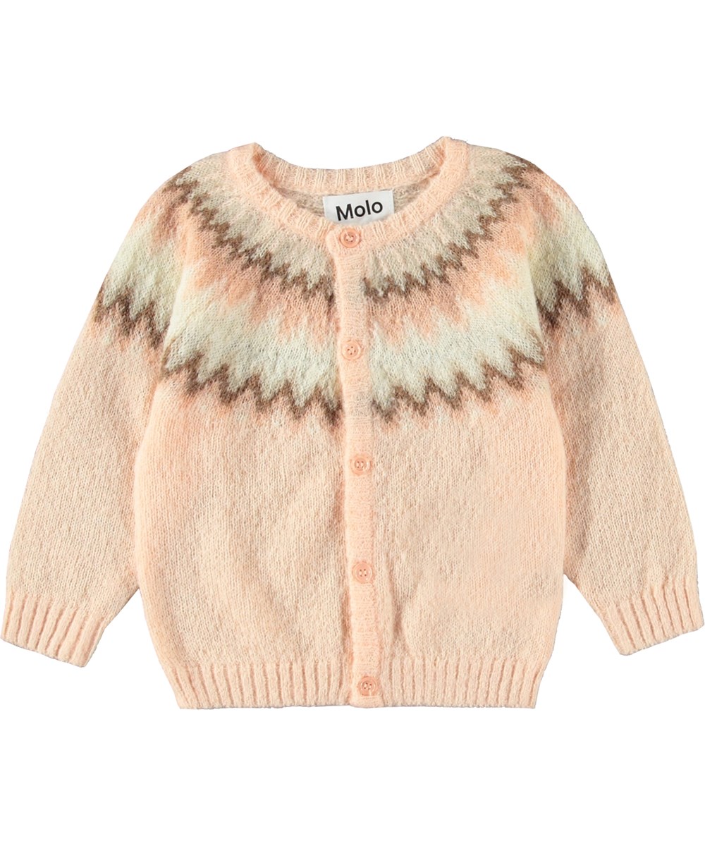 Bay - Petal Blush - rosa Strickjacke mit nordischem Muster, gerippten Kanten und Knopfverschluss.