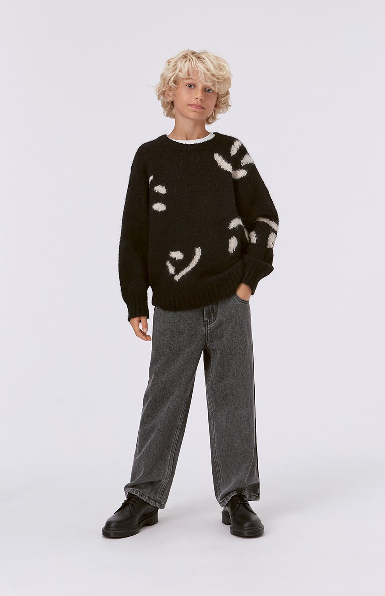 Bello - Black - Schwarzer Strickpullover mit weißem Muster aus Alpaka-Wollmischung