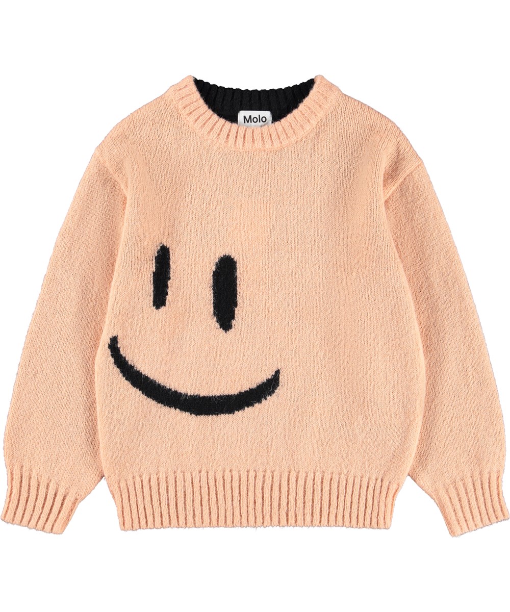 Bello - Double Smile - Gestrickter Pullover in Rosa und Schwarz für Kinder aus einer Alpakawollmischung mit lächelnden Gesichtern.