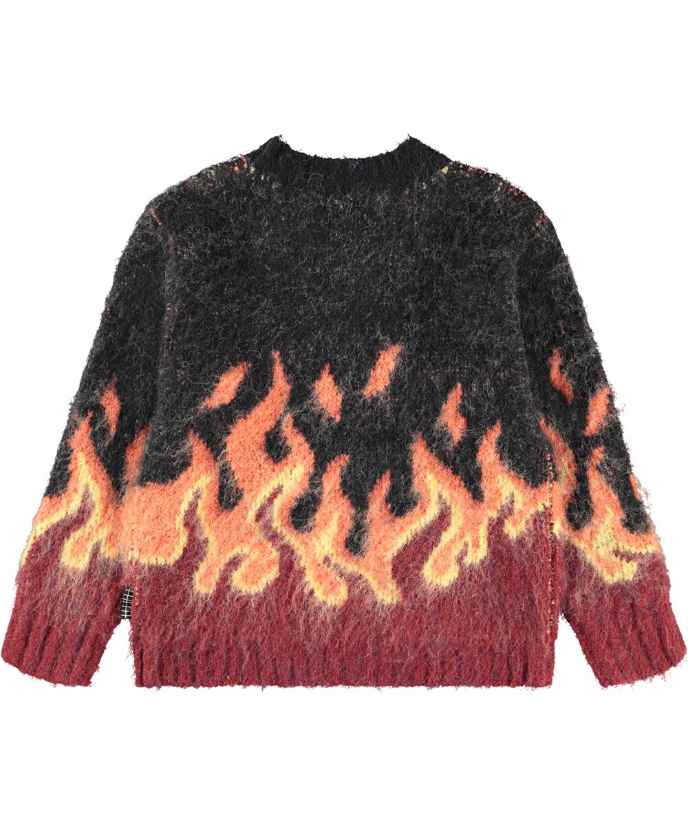 Bello - Flames - Gestrickter Pullover für Kinder in Rot- und Schwarztönen aus einer flauschigen Alpakawollmischung.