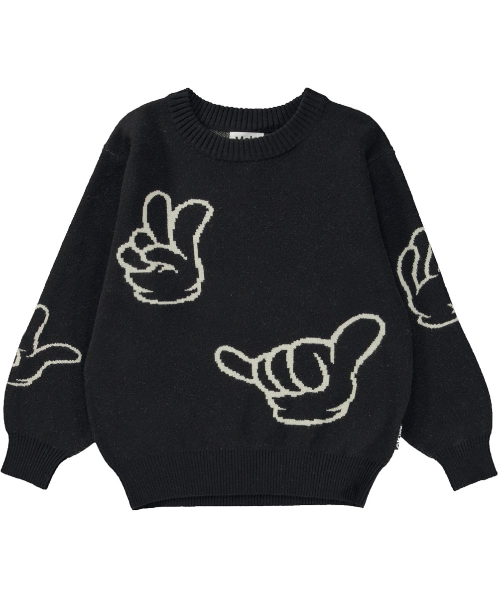 Bello - Hands - Schwarzer Strickpullover mit weißem Muster aus Baumwoll/Woll-Mischung