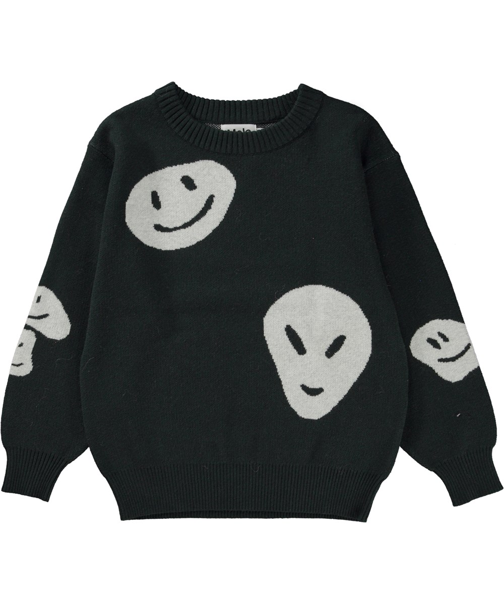 Bello - Happy Faces - Schwarzer Strickpullover mit weißem Muster aus Baumwoll/Woll-Mischung