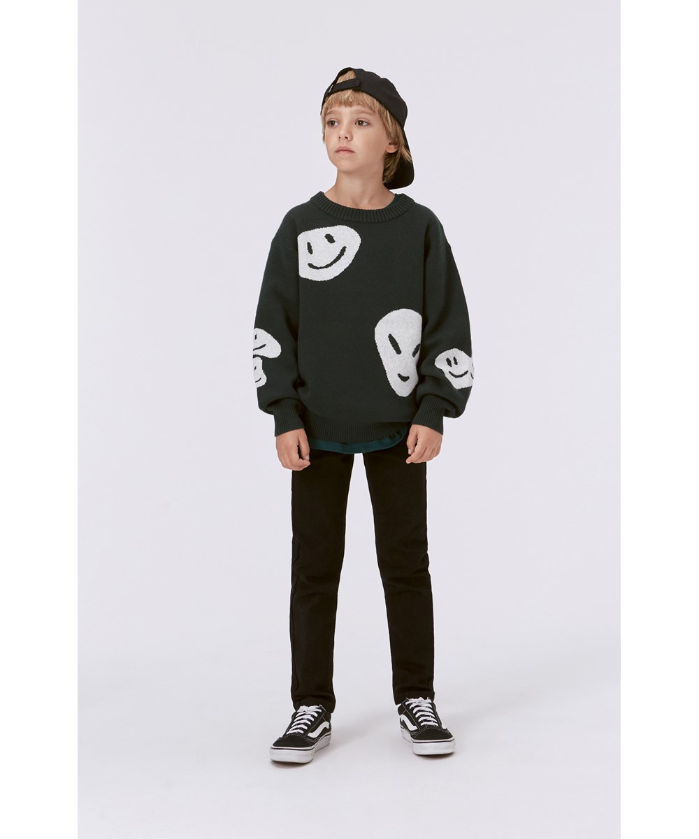 Bello - Happy Faces - Schwarzer Strickpullover mit weißem Muster aus Baumwoll/Woll-Mischung