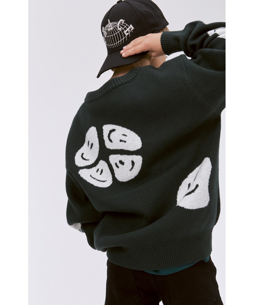 Bello - Happy Faces - Schwarzer Strickpullover mit weißem Muster aus Baumwoll/Woll-Mischung