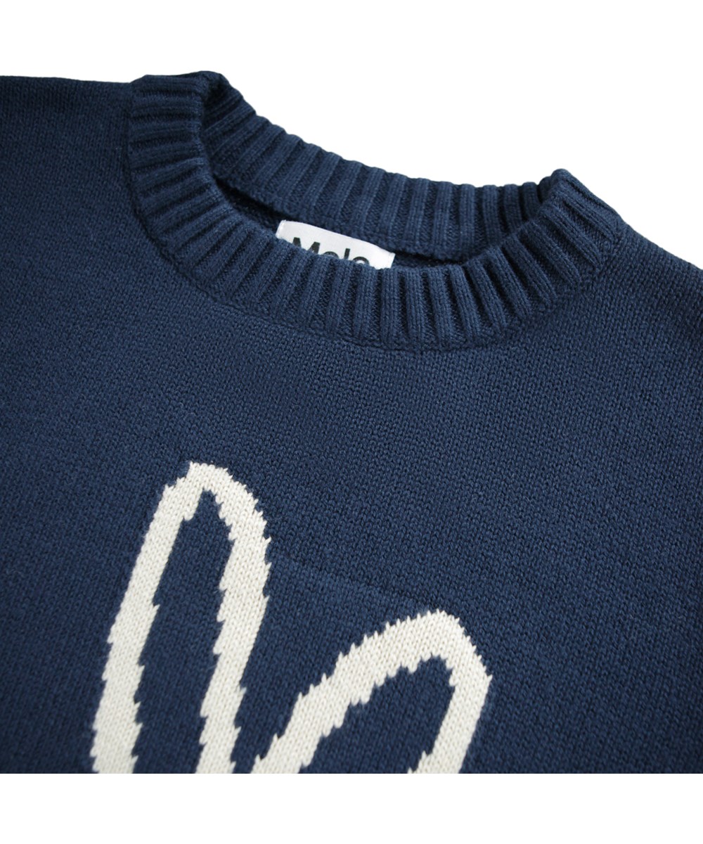 Bello - Peace At Hand - Dunkelblauer Strickpullover für Kinder aus einer Mischung aus Wolle und Baumwolle mit einem Friedenszeichen.